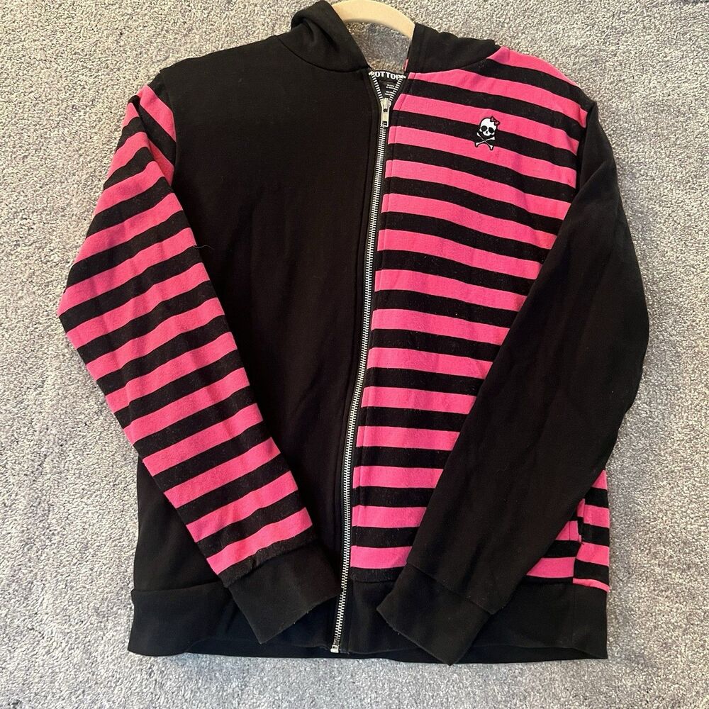 Hot Topic Split Striped Hoodie Womens Medium Black Pink Skull Zip Up Sweatshirt